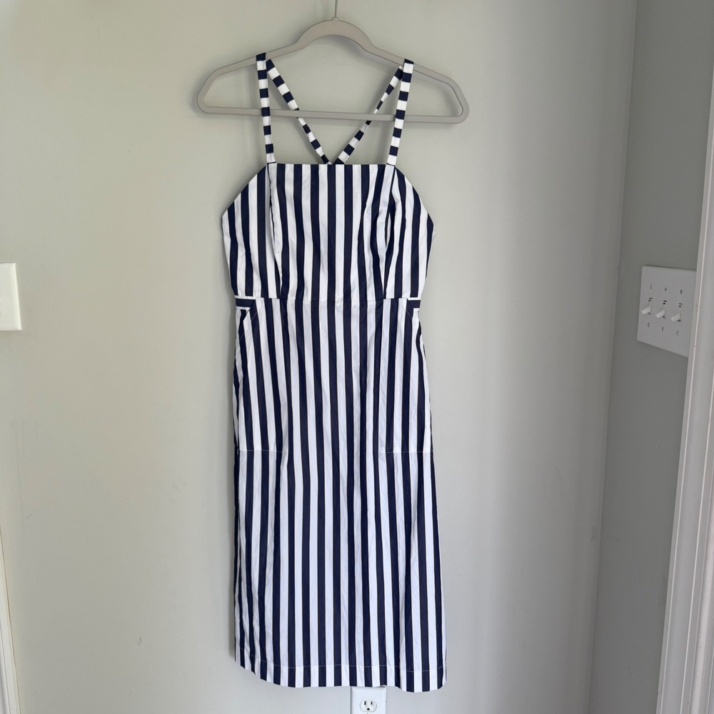 J. Crew Thomas Mason Striped Apron Midi Dress Blue White Pockets Nautical Size 6